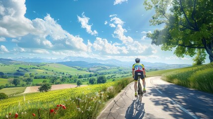 Naklejka premium Colorful cyclist on countryside road, aerial view of fields, sky, mountains in natural light