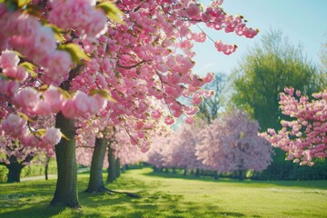 Naklejka premium Ornamental garden with majestically blossoming large cherry trees on a fresh green lawn