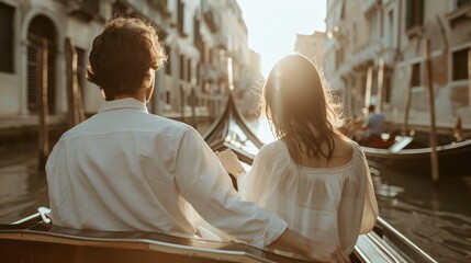 A romantic gondola ride in Venice, with a couple holding hands and enjoying the scenic canals and...
