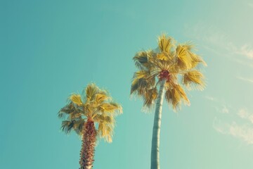 Vintage tropical palm trees against blue sky  retro style.