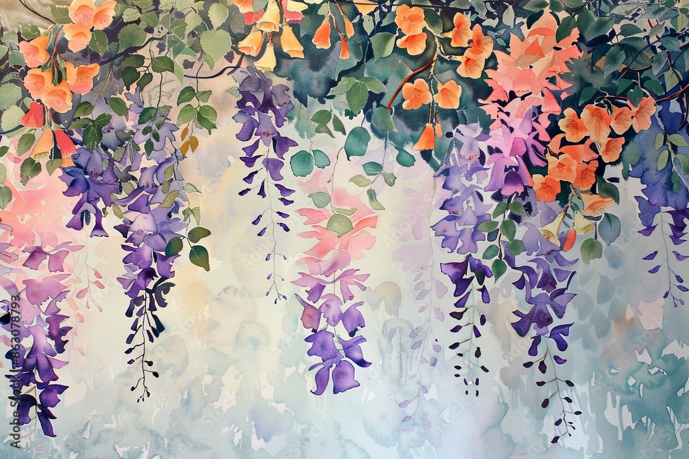 Poster beautiful trumpet vines and wysteria draped down in a watercolor style, hyper realistic, detailed