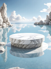  Podium water background product display scene 3d marble stand stone summer platform. Mockup background water beauty white podium rock space cosmetic stage blue presentation nature light pool black 