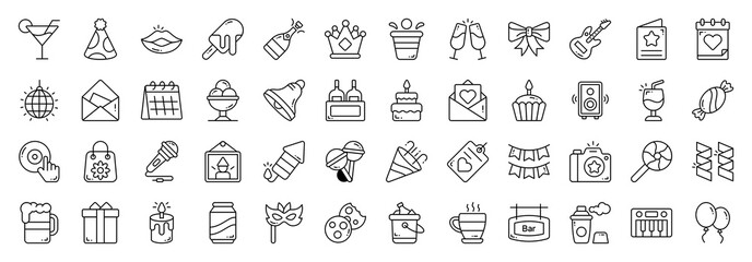 Birthday and Party people icons set. Cupcake, Woofer, Drink, Candy, Compact Disc, Gift Bag, Mic, Firecracker, Lollipop, Party Popper, Locket, Garlands, Photography, Lollipop vector.