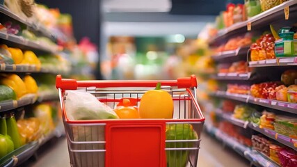Shopper's View Down a Well-Lit Grocery Aisle