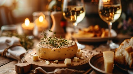 An elegant cheese and wine pairing event, with guests sampling different cheeses and wines, set in a chic, modern setting with dim lighting