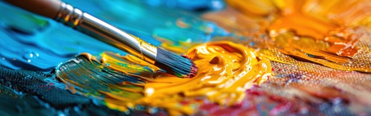 Obraz premium A close-up shot of a paintbrush mixing yellow and blue paint on an artists palette
