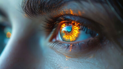 Person glaucoma glowing depiction of the eye showing increased intraocular pressure and optic nerve damage