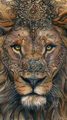 Obraz premium Intricate lion illustration with detailed mandala patterns and intense gaze, blending nature with artistic design. A stunning display of creativity.