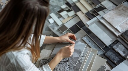 Woman architect designer select epoxy grout for ceramic tiles compare samples finishing works concept closeup top view Female interior creator choosing renovation materials with swatch : Generative AI