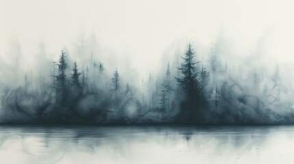 Fototapeta premium Watercolor Painting of a Misty Forest and Still Lake