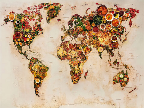 Fototapeta A world map is creatively designed with various culinary dishes and ingredients representing different regions, showcasing a vibrant and diverse array of foods Plates and bowls of food are strategical