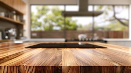 Selective focusEnd grain wood countertable top on blur kitchen counter in morning backgroundFor montage product display or design key visual : Generative AI
