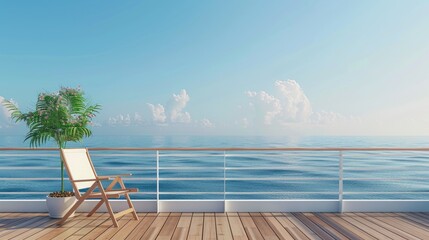 Fototapeta premium A white chair is sitting on a wooden deck overlooking the ocean. Generate AI image