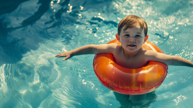 A child learning to swim with a floatie, summer, swimming pool, hd, heartwarming with copy space