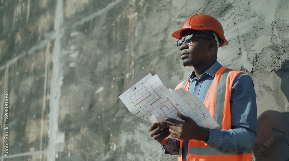 Poster Black man architect and construction worker with blueprint and infrastructure renovation building industry and outdoor Mockup blueprint and helmet for safety happy male contractor and  : Generative AI