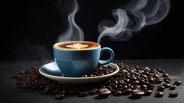 latte coffee, latte coffee on the table, latte coffee with coffee beans sprinkled on the table, coffee in a cup with seeds sprinkled on the table for promotional needs