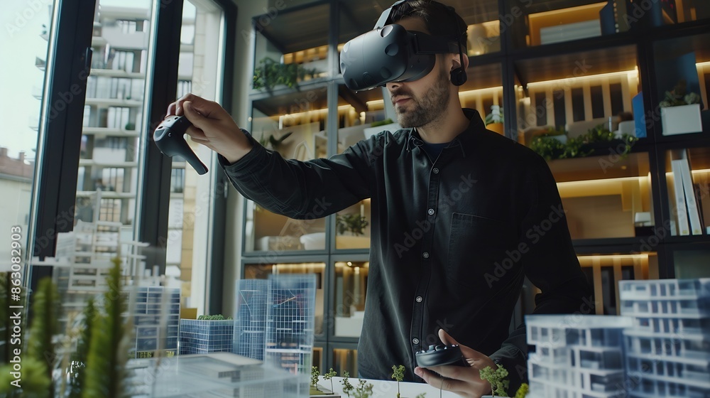 Aufkleber Male architect uses VR headset and wireless controllers presents modern hitech building and park architectural project in virtual reality to colleagues 3D hologram Future digital AI te : Generative AI