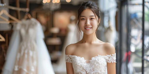 Naklejka premium Joyful beautiful Asian young woman standing in a white wedding dress in a beautiful wedding salon. Copyspace.