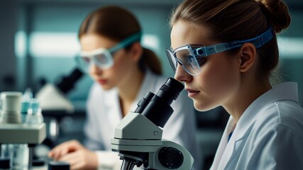 Young scientists in sterile clothing and safety goggles sitting at table conducting research investigations in a medical laboratory using a microscope, Serious concentrated female microbiologist.