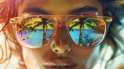 Design an artistic portrait of a woman with tropical-themed sunglasses, featuring reflections of palm trees and bright skies