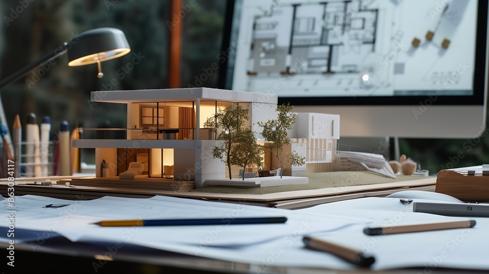 Fototapete Architects and engineers are working together to edit the draft house plan that was designed after it was presented to the client and partially revised the design Interior design and d : Generative AI