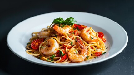 A plate of shrimp pasta with basil on top. Generate AI image