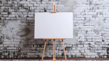 Creative blank canvas. A white canvas on a wooden easel stands against a textured white brick wall, ideal for art projects and displays.