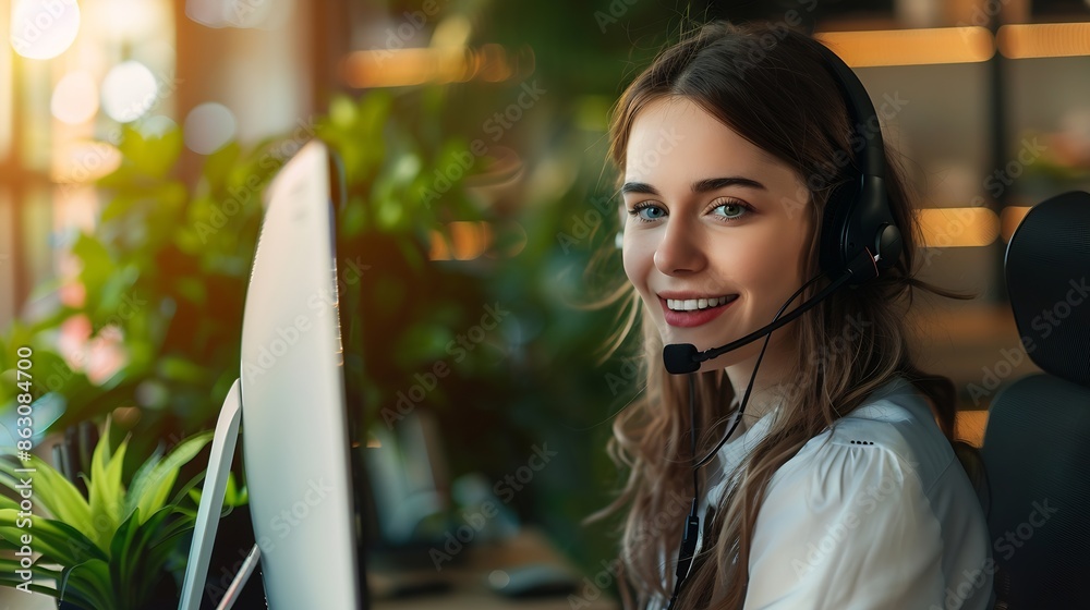 Poster Young friendly operator woman agent with headsets working  by virsual screen with AI  business woman smile  concept for service mind in call centerHelp deskCall center : Generative AI