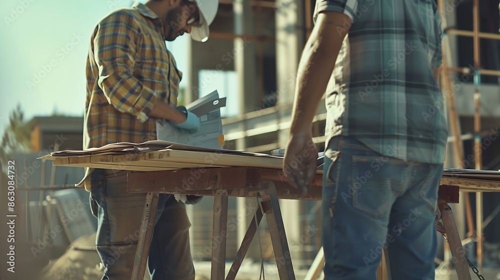 Fototapete contractor construction engineer meeting together on architect table at construction site business m
