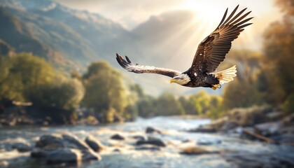 This image captures a powerful eagle soaring high above a river with a breathtaking mountain backdrop, showcasing nature's splendor and the majesty of wildlife in flight.