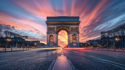Stunning sunset behind Arc de Triomphe in Paris, with colorful lights streaking across cobbled street.