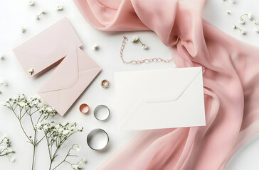 Obraz premium empty white card, pink envelopes and rings on the side