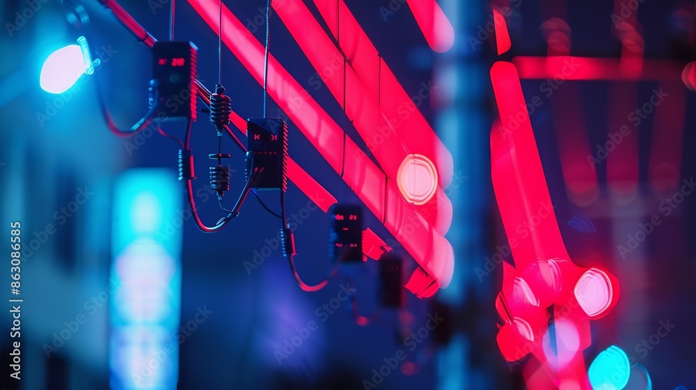 Poster electric pole and red blue light and index number and graph of stock market energy business abstract background : Generative AI
