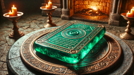 Emerald Tablet of Thoth / Hermes Trismegistus glowing with ancient symbols, set in mystical, candlelit study. Scrolls and books in background add to arcane atmosphere.