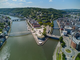 Fortified Citadel of Namur over the confluence of Meuse and Sambre rivers in Namur, Belgium. Aerial view.