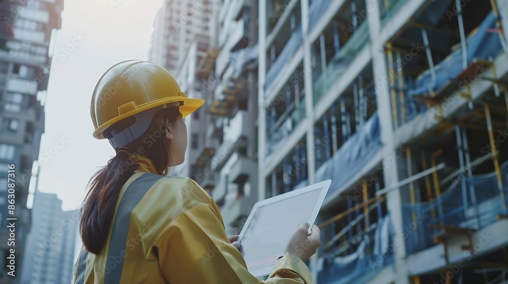 Aufkleber Construction woman tablet or architect blueprint with engineer planning documents or research on web for innovation idea Design engineering or tech for creative strategy in constructio : Generative AI