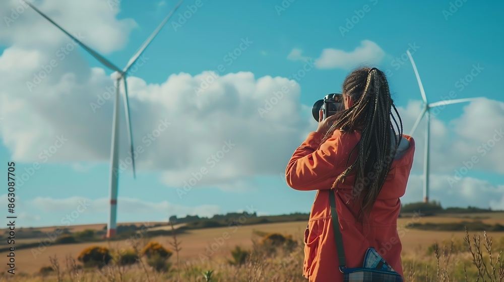Aufkleber a blogger girl with bright braids shoots a story about green energy about working with wind energy a