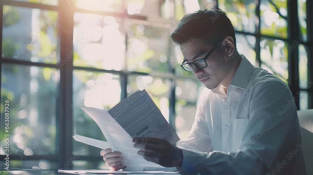 Poster Business man checking financial documents he owns a startup company he sits checking the companys financial summary prepared by the finance department Management concept of startup com : Generative AI