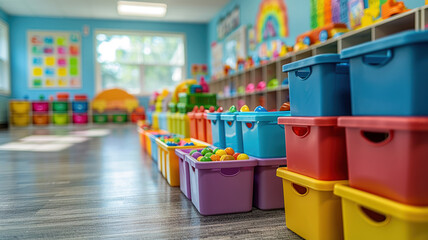 Colorful and organized kindergarten classroom with storage bins