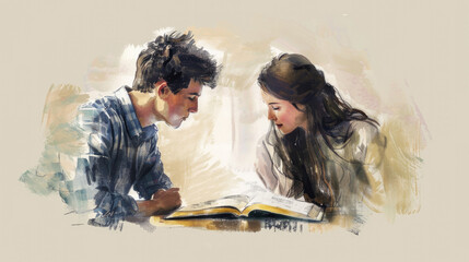 Young couple reading the Bible together. Watercolor painting, digital illustration. © Faith Stock