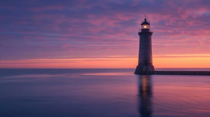 Lighthouse at sunset by serene sea with pink and purple skies. Soft light enhances the tranquil scene. Perfect for serene and picturesque backdrops.