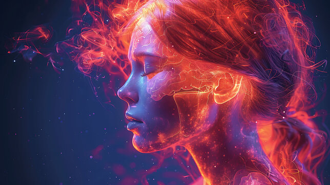 Woman hydrocephalus glowing depiction of the brain showing excess cerebrospinal fluid