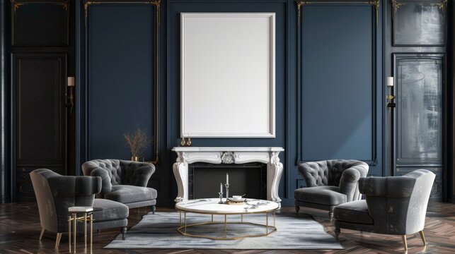 Luxurious Modern Living Room Interior with Dark Blue Walls and Elegant Furniture, Generative AI