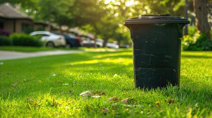 Obraz premium Residential property garden waste bin on green grass verge for collection Space for designing