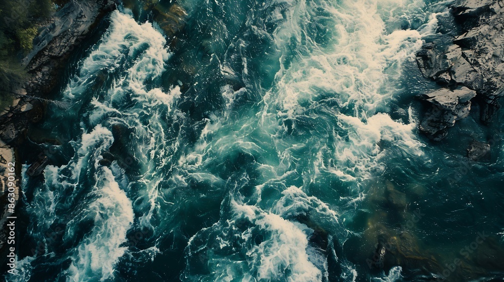 Poster aerial view of the waves and rapids of the wild river closeup top shot : generative ai