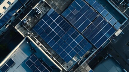 Obraz premium Aerial view of blue photovoltaic solar panels mounted on industrial building roof for producing clean ecological electricity Production of renewable energy concept : Generative AI