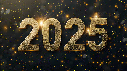 New Year Eve 2025 celebration gold golden 3D letter fireworks night sky, confetti, sparkling lights. Holiday festival illustration banner wallpaper backdrop banner dark black background