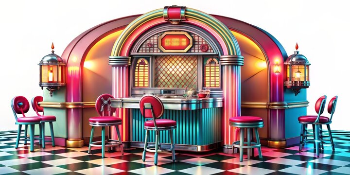 Vibrant illustration of iconic 50s diner scenery, complete with retro-style jukebox, soda fountain, and neon signs, set against a crisp white background.