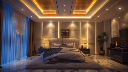 The room includes a large, comfortable seating area with sofas and armchairs, a coffee table, and an open-plan kitchen and dining area in the background. The ceiling has an intricate design with reces