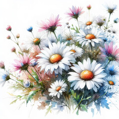 Fototapeta premium 흰 배경, 데이지, 수채화 (White background, daisy, water colour)